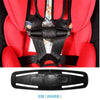 A black car seat belt clip is shown against a red fabric background.