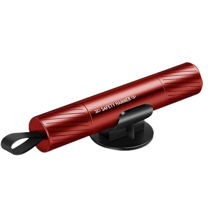 Roter Schutzhammer Multitool mit schwarzem Griff und Schlagkopf.