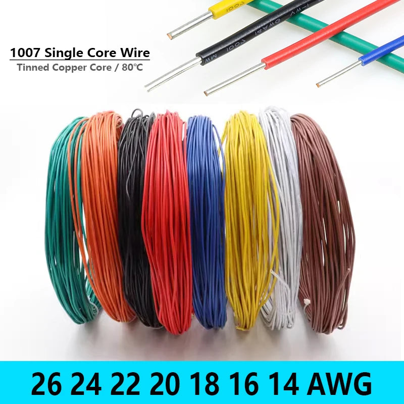A collection of single core copper wires in various colors and gauges, including 26 AWG to 14 AWG.