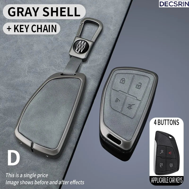 Gray shell multi-button car key case cover with a key chain attached