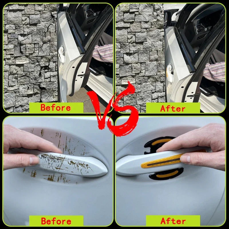 Before and after comparison of reflective stickers protecting a car door handle against scratches.