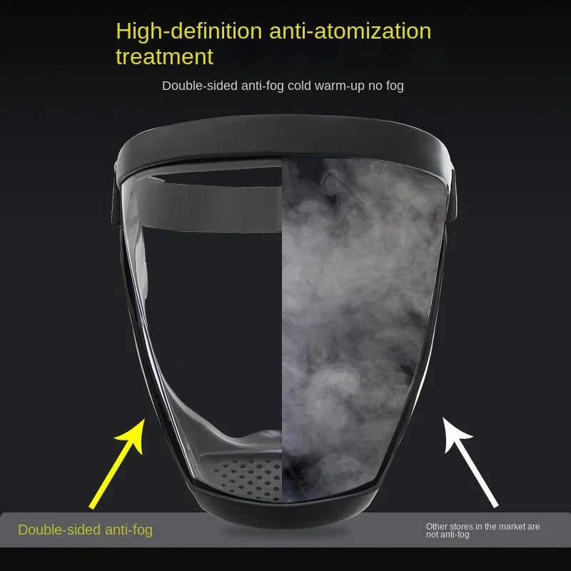 Schwarzer Anti-Fog-Gesichtsschutzschild mit klarem Objektiv, das Schutzfunktionen zeigt.
