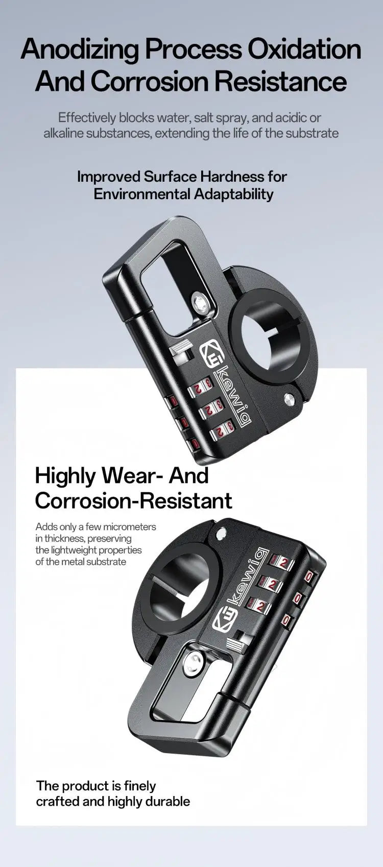 A close-up view of a black anodized motorcycle helmet lock designed for corrosion resistance.