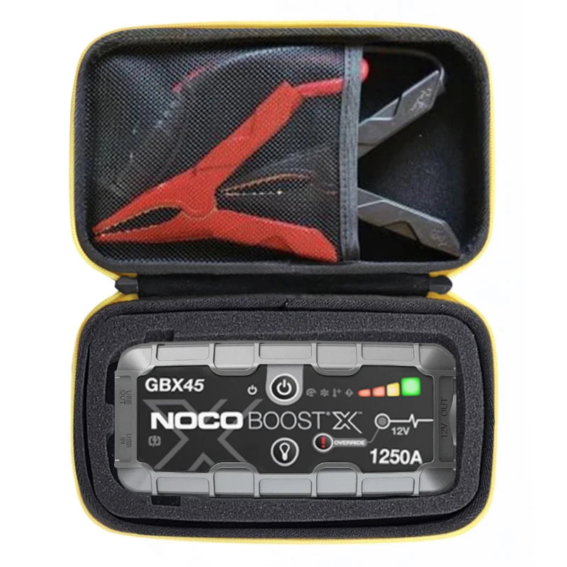 A black protective case for a Noco Boost X lithium jump starter tool with red pliers visible inside.