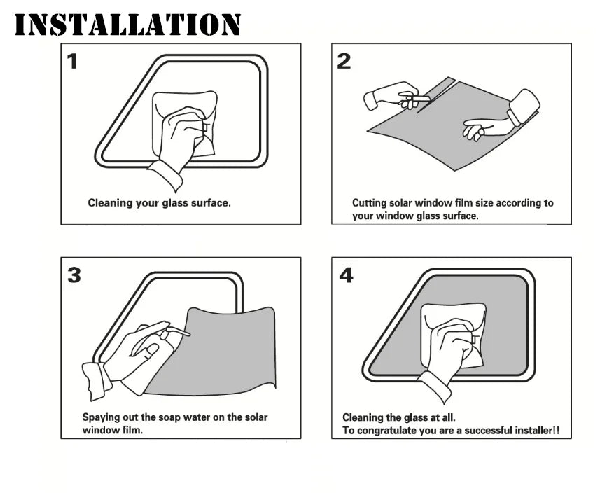 Four steps illustrating the installation process of a high-quality window tint film roll.