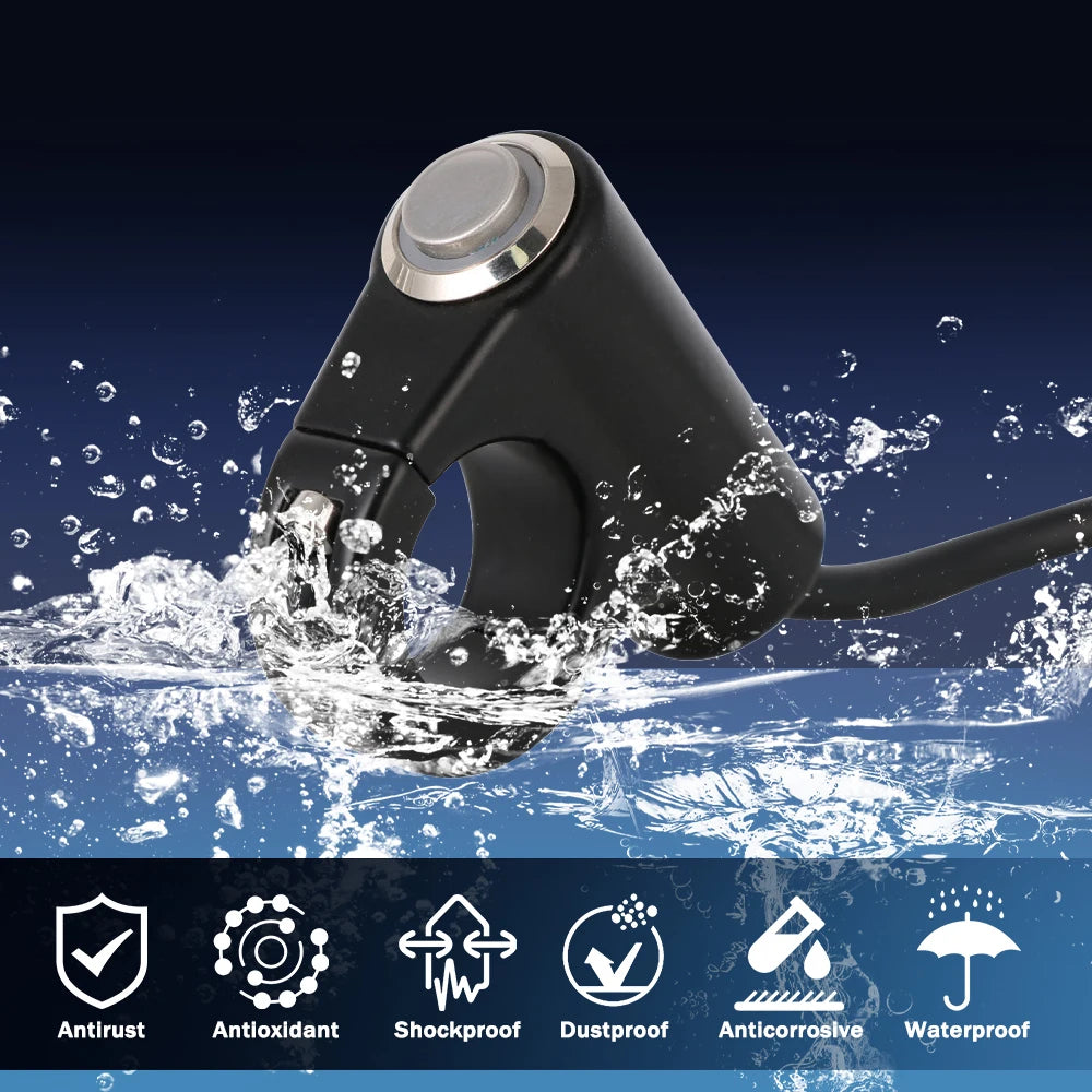 Black CNC aluminum headlight kill switch device being tested for waterproof and anti-rust properties