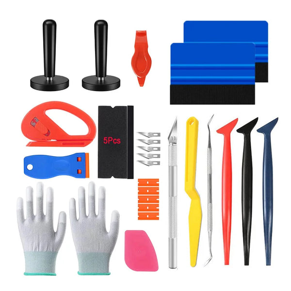 A set of tools for car vinyl wrap and window tint installation including various tools and accessories