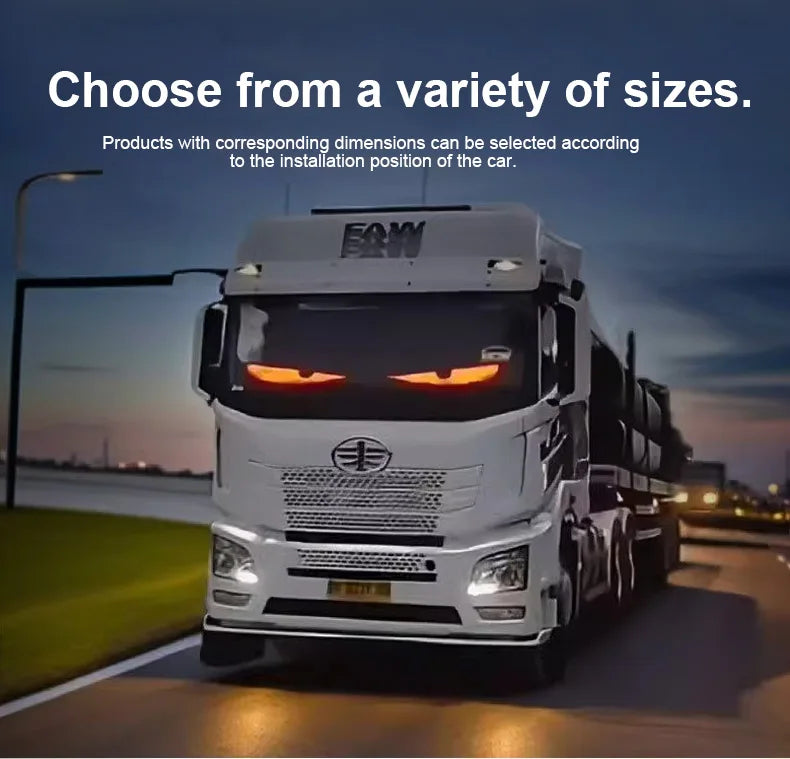 A white truck is driving on a road at dusk, with text overlay promoting choosing from a variety of sizes.