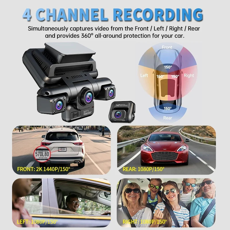 A multi-camera dash cam system showing various recording angles including front, left, right, and rear views.