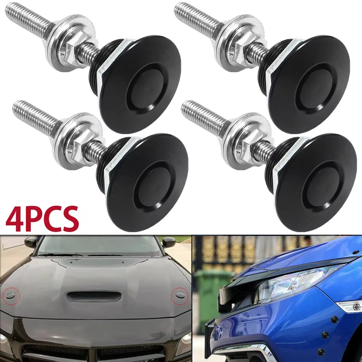 Four universal car hood pin locks in silver and black for securing vehicle hoods.