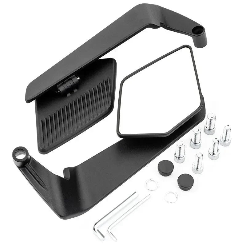 A set of black adjustable motorcycle side mirrors and mounting hardware.