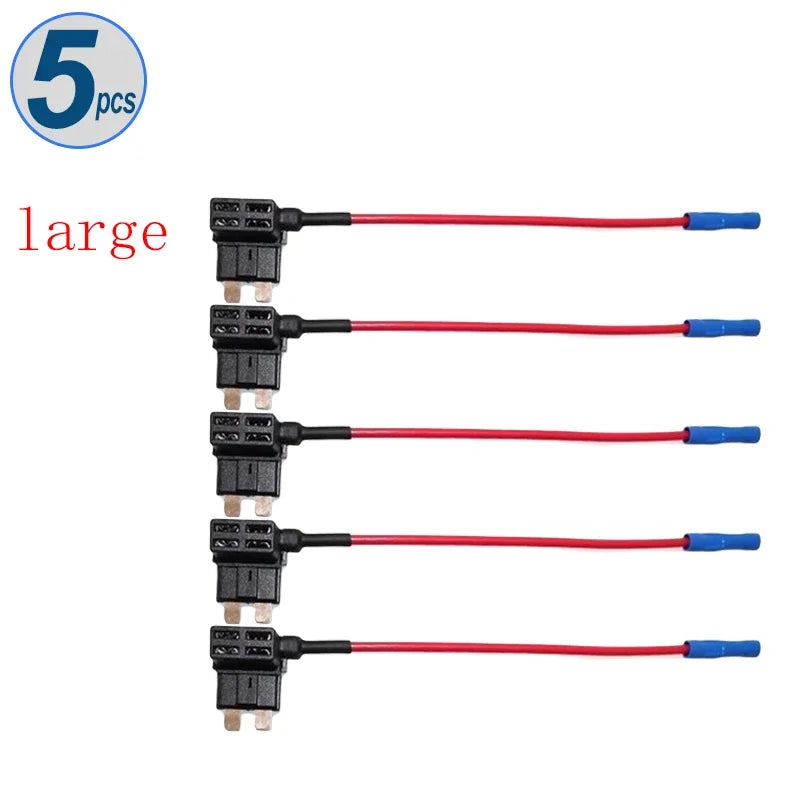 Five large automotive fuse adapter splitters with black connectors and red wires.