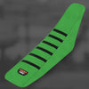 A bright green universal motorcycle seat cover with black stripes on a dark gray background.
