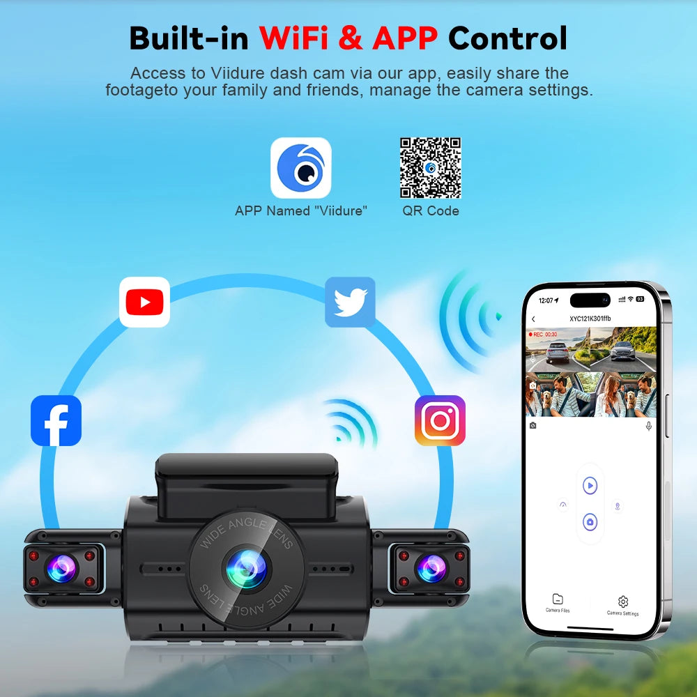 A black wide-angle dash cam is shown with a smartphone displaying an app interface and various social media icons.