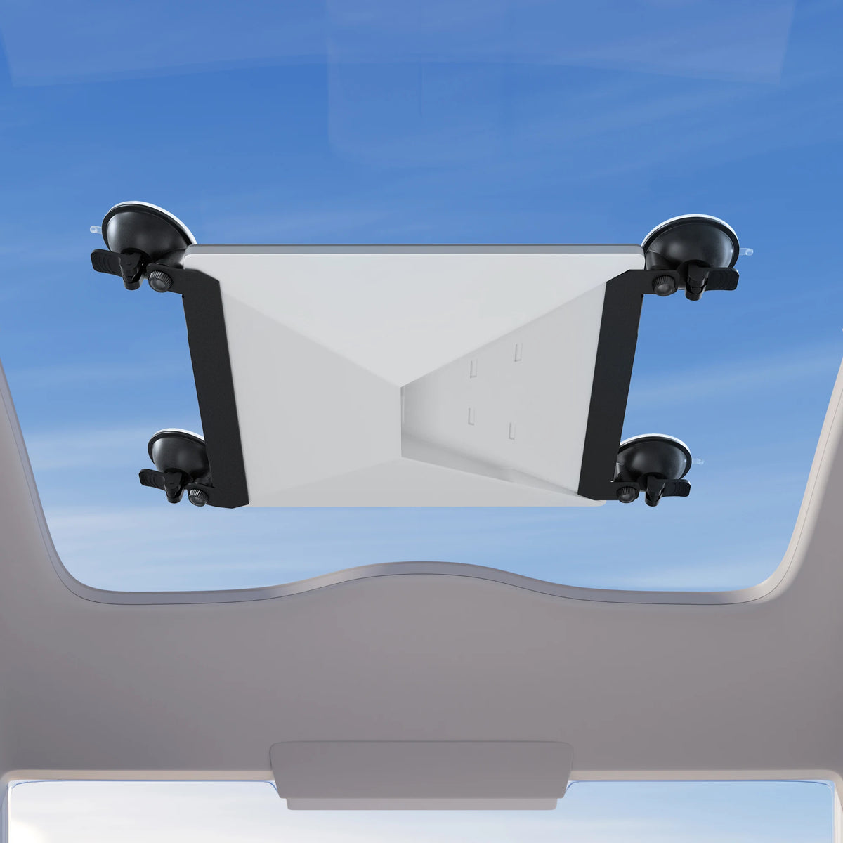 A white car suction mount designed to hold a Starlink Mini device, shown against a blue sky background.