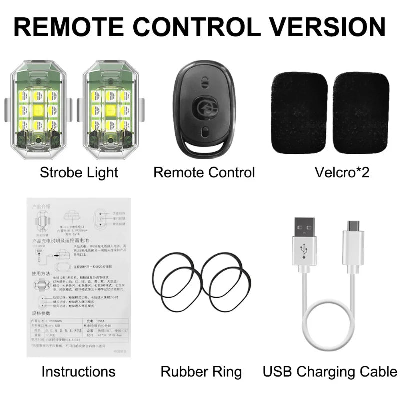 Remote control version of a strobe light featuring a light unit, remote control, Velcro strap, and USB charging cable.