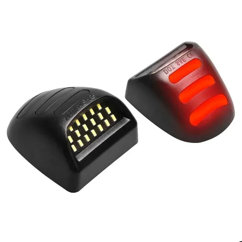 A black automotive light featuring red SMD LEDs designed for license plates.