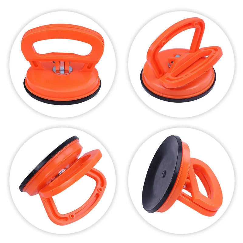 Orange car dent remover puller tool with suction cups shown in four different angles