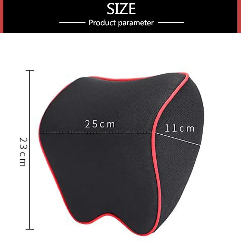 Black memory foam car headrest neck pillow showing dimensions of 25cm by 11cm