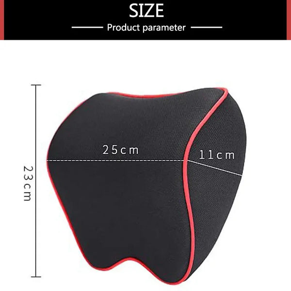 Black memory foam car headrest neck pillow showing dimensions of 25cm by 11cm