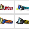 A set of durable motocross and cycling goggles in red, blue, and yellow frames.