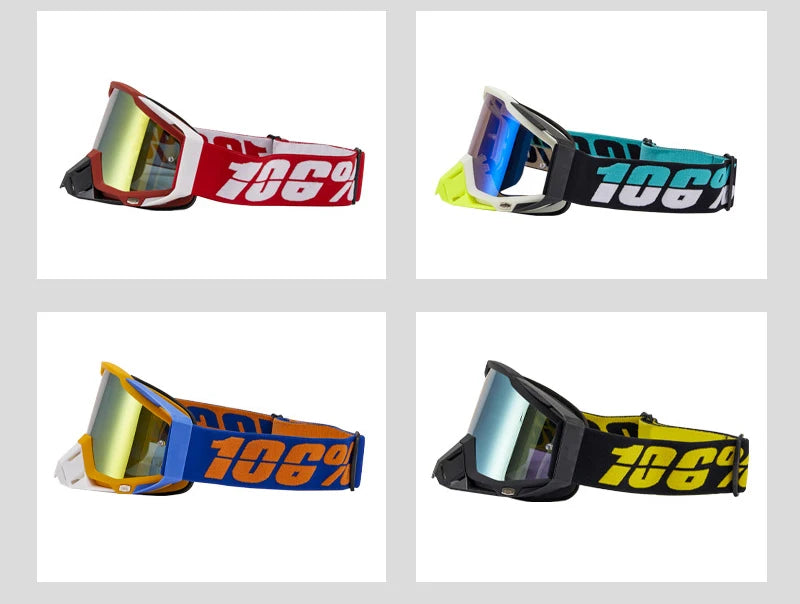 A set of durable motocross and cycling goggles in red, blue, and yellow frames.