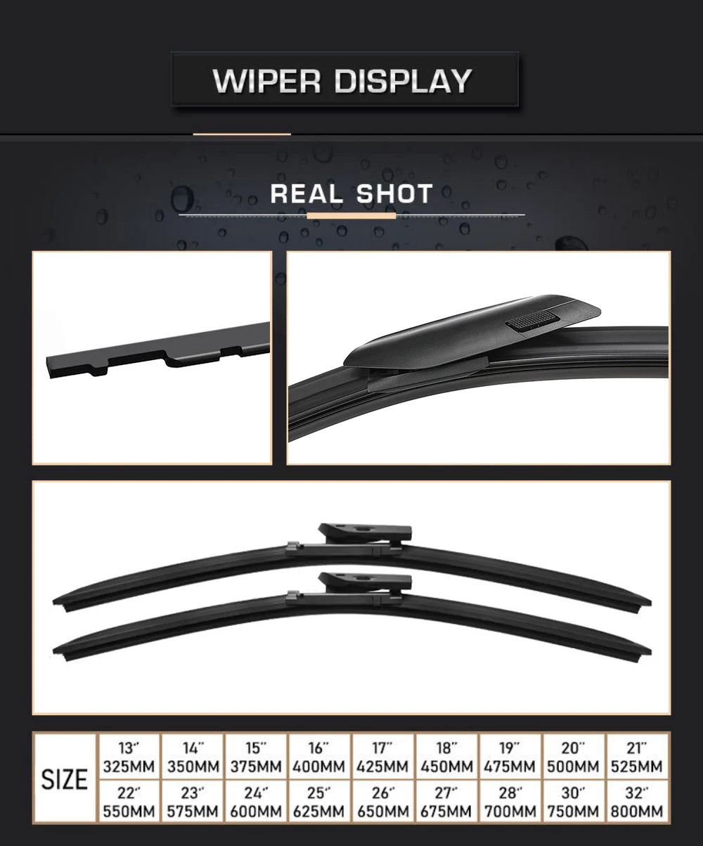 A collection of various size windshield wiper blades shown in different angles and configurations.