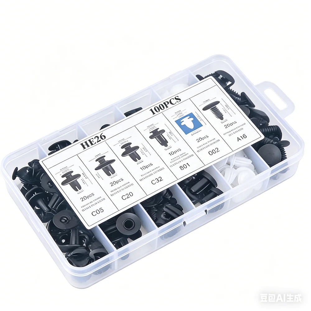 A plastic storage box containing various auto fastener clips and screws for car body trim.