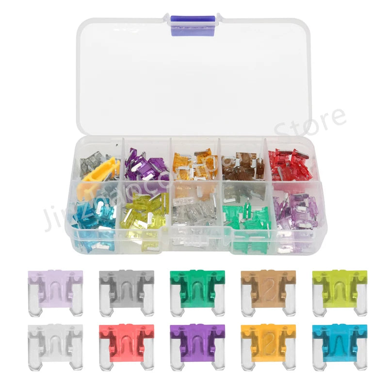 An assortment kit of automotive micro fuses in various colors and packaging.