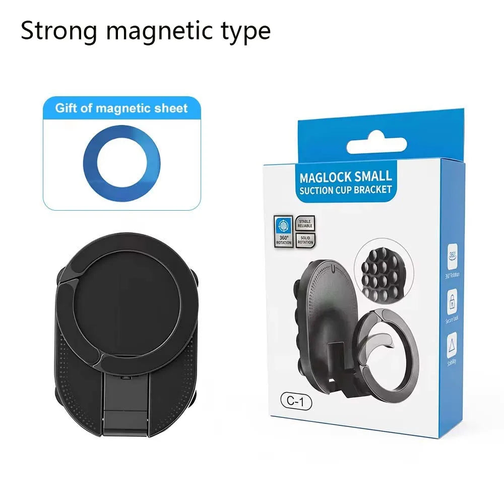 A black magnetic suction cup bracket for a phone, packaged in a blue box.