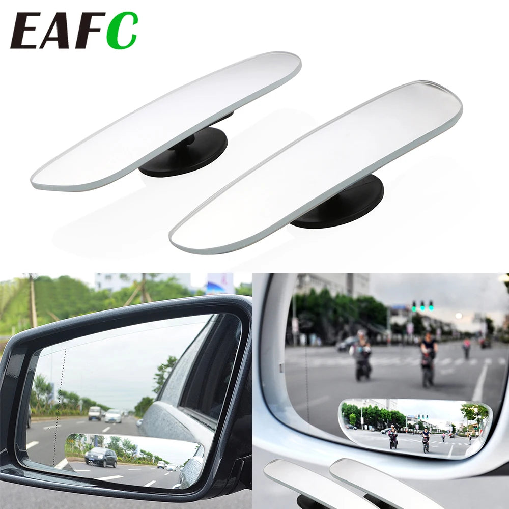 A white 360 degree convex angle car mirror is shown in various angles, including a reflection of the road and surrounding env
