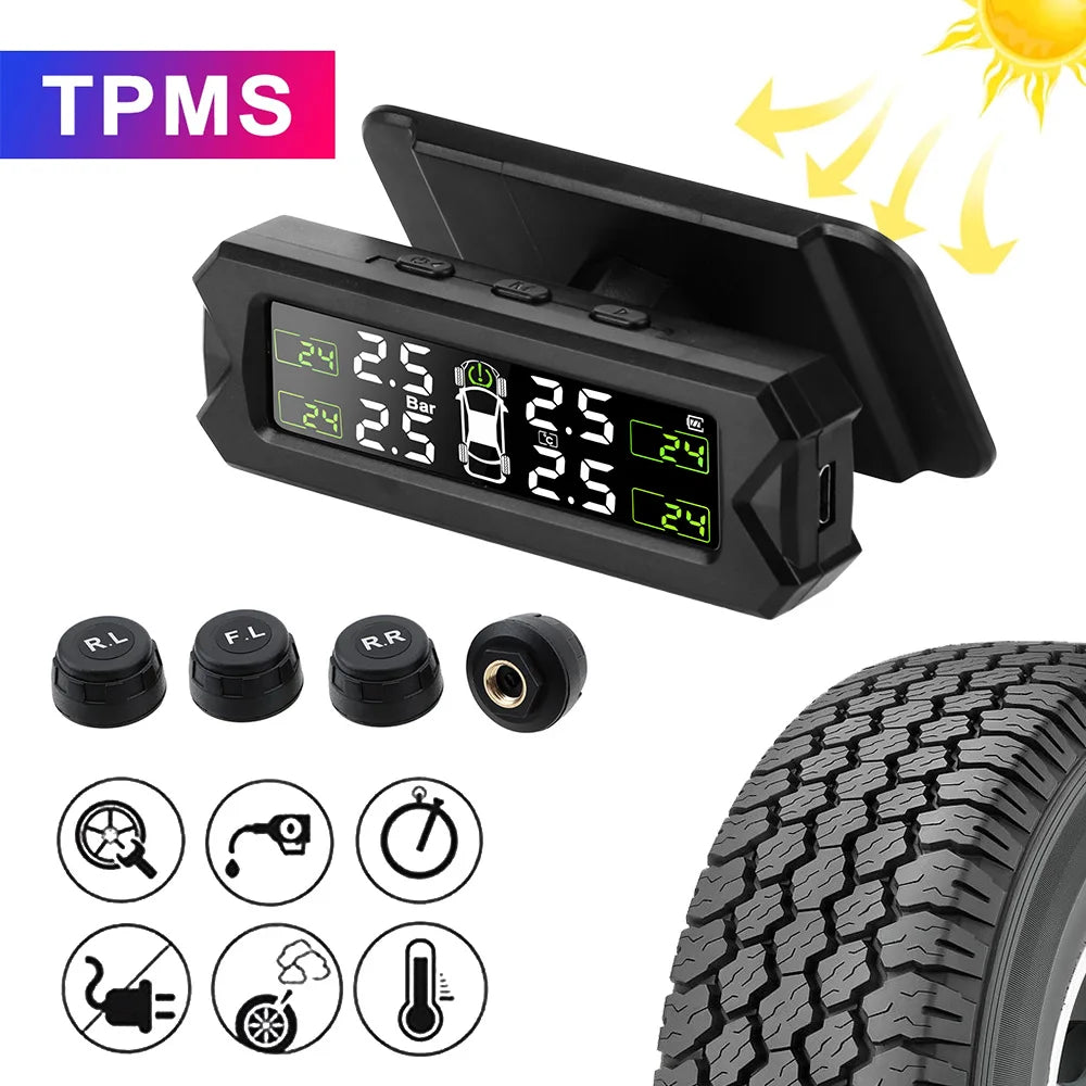 A black portable TPMS device with a display and tire pressure sensors, next to replacement valves and diagnostic tools.