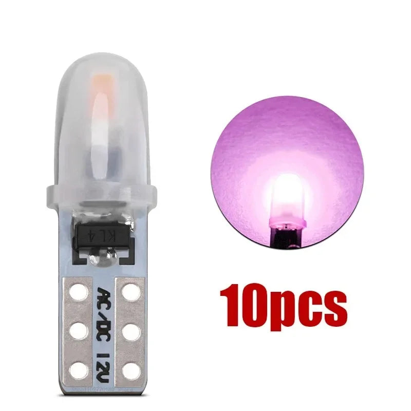 A set of 10 T5 LED dashboard and license plate bulbs, including a single bulb and a close-up view of the light.