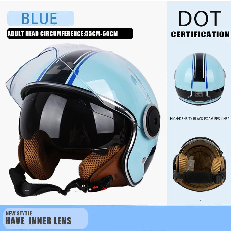 Blauer DOT-zertifizierter Offenhelm mit schwarzem Visor und braunem Schaumstoffpolster