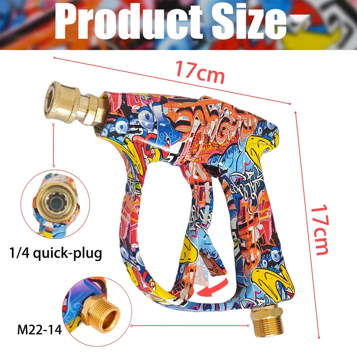 A high-pressure foam water gun kit showing the main body, a quick-plug, and an M22-14 fitting.