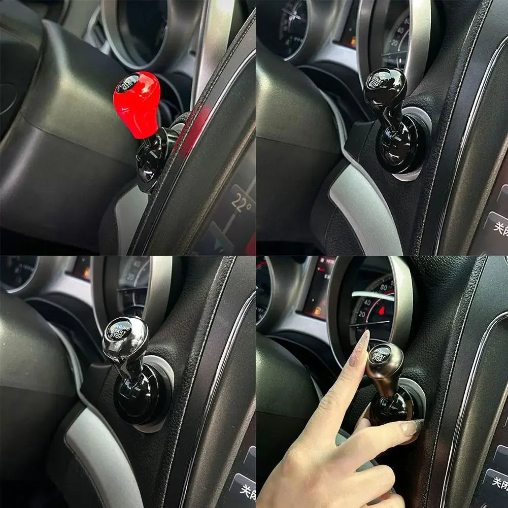 Close-up view of an all-metal cylindrical car start button accessory with a red button and black finish.