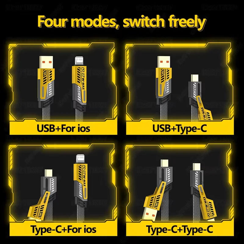 Four modes of a 65W Spring Telescopic Charging Cable including USB+For ios, USB+Type-C, Type-C+For ios, and Type-C+Type-C.