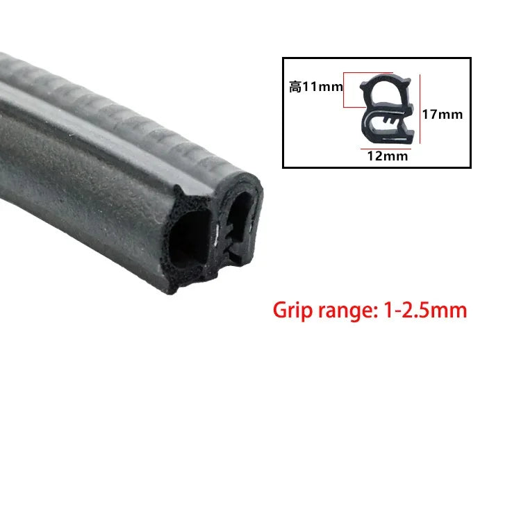 A close-up view of a black U-shaped door edge seal strip with dimensions and grip range specifications.