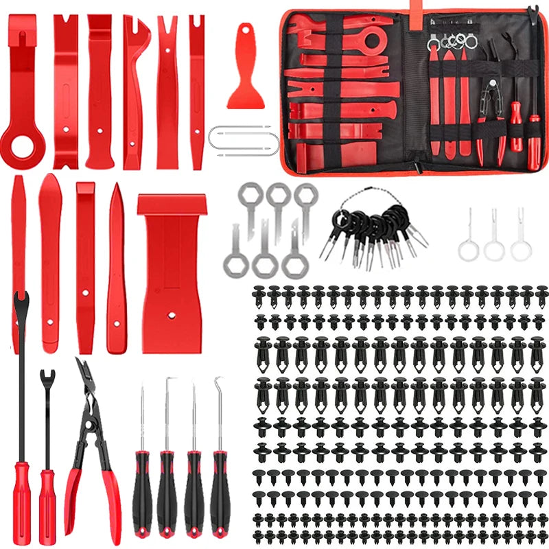 Kit d'outil tout-en-un pour retrait de garniture automobile rouge et noir, comprenant des punaises, des pinces et autres outi