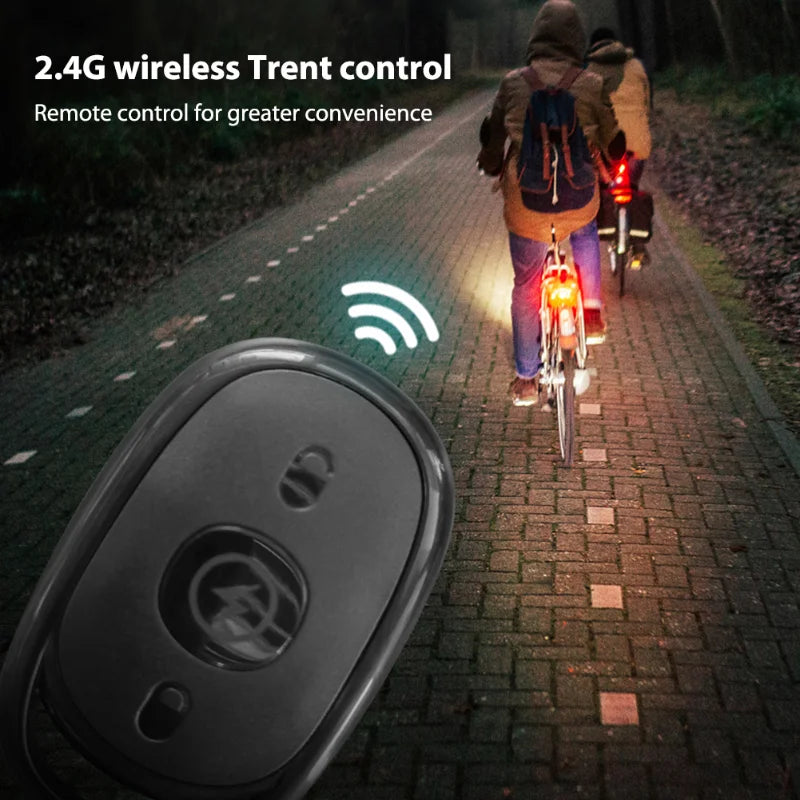 A black wireless strobe light device is shown with a Wi-Fi signal icon, positioned on a paved path with cyclists in the backg