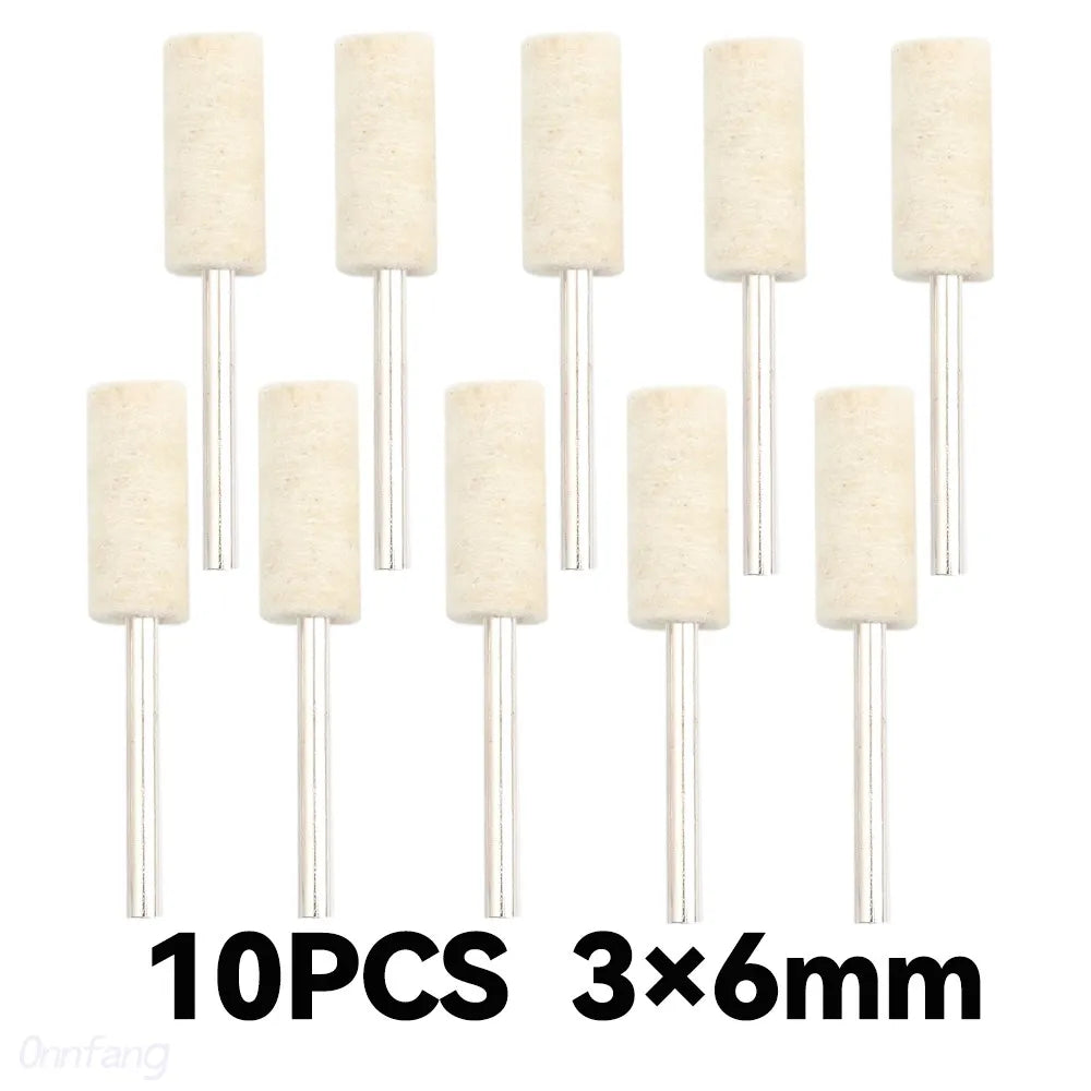 Ten pieces of beige wool felt polishing buffing wheels with 6mm diameter shafts.