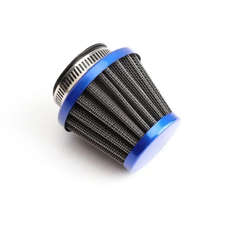 Filtre d'air universel noir et bleu pour carburateurs de moto, vu de côté.