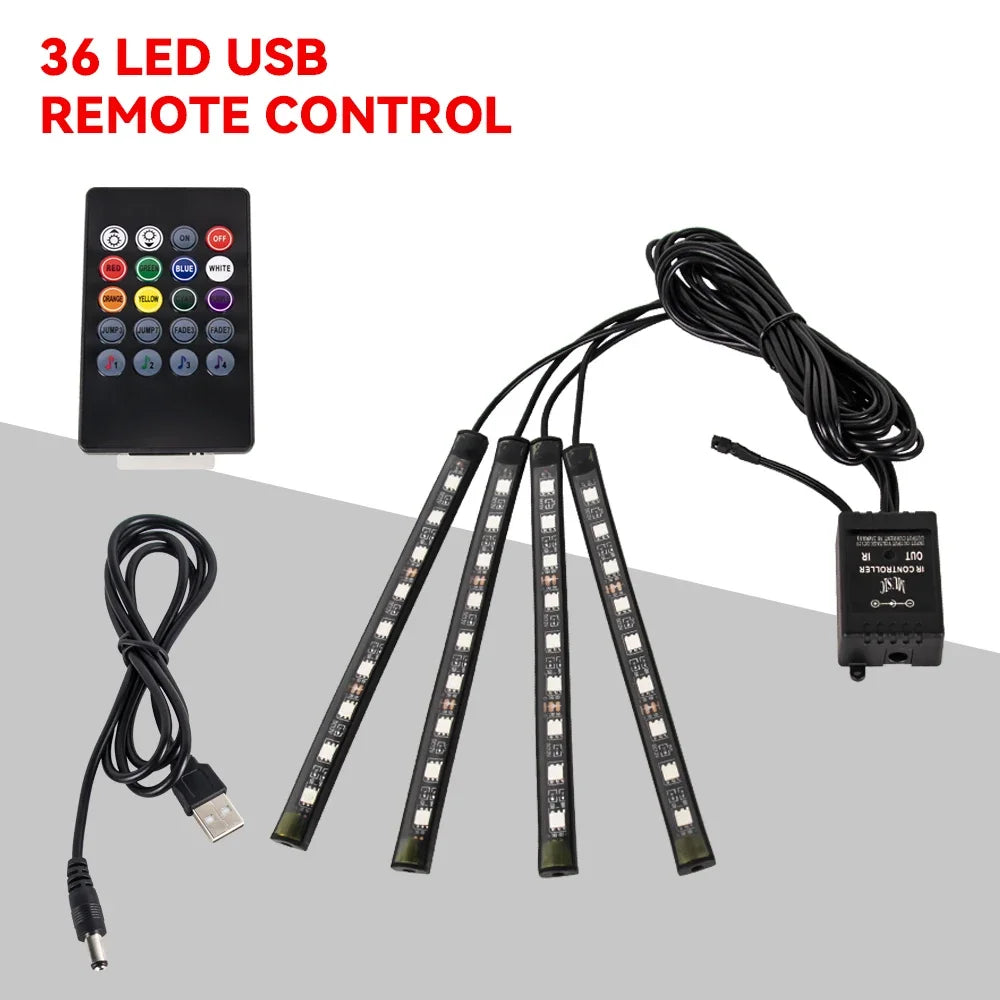Set von 36 LED-USB-Fernbedienungsleuchten und Stromadapterkabel für Ambientebeleuchtung im Auto.