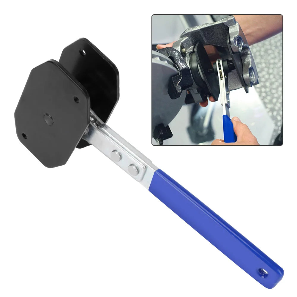 A professional brake caliper spreader tool with a black and blue handle and metal jaws is shown alongside an inset photo.