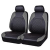 Black and gray full coverage PU leather car seat covers shown from the side.
