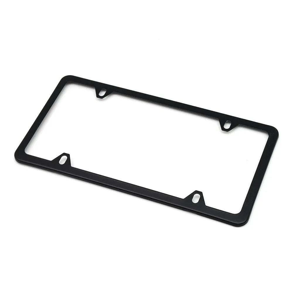 Black stainless steel license plate frame with mounting hardware