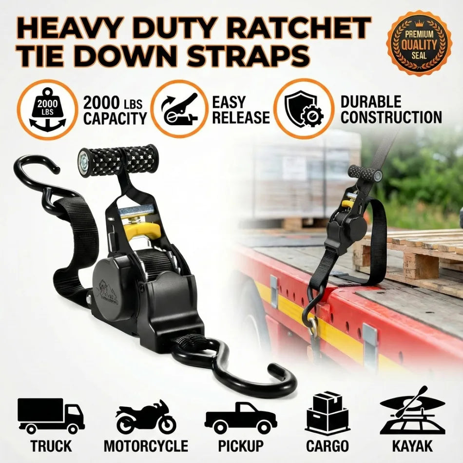 Black heavy duty ratchet tie down straps shown with various cargo items like trucks, motorcycles, and kayaks.