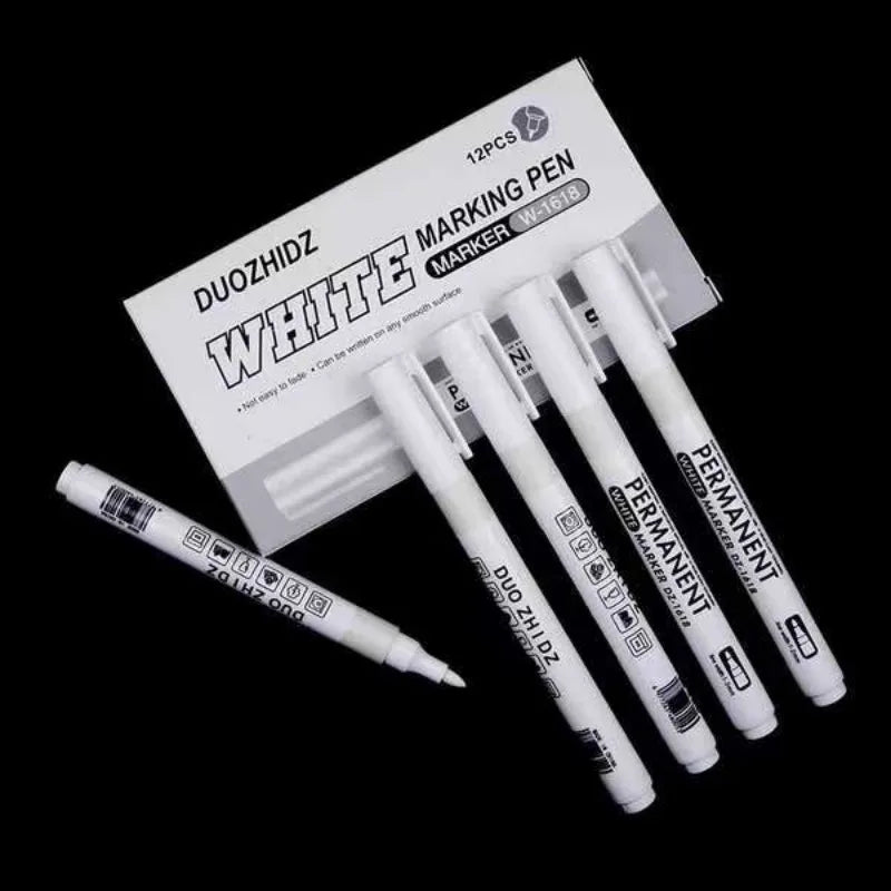 A set of white permanent markers and a packaging box for marking, sold as DUOZHID WHITE MARKING PEN.