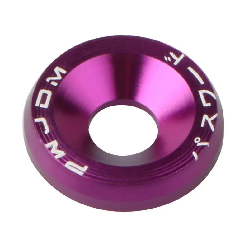 A close-up view of a purple aluminum fender washer and bolt kit for M6 car fasteners.