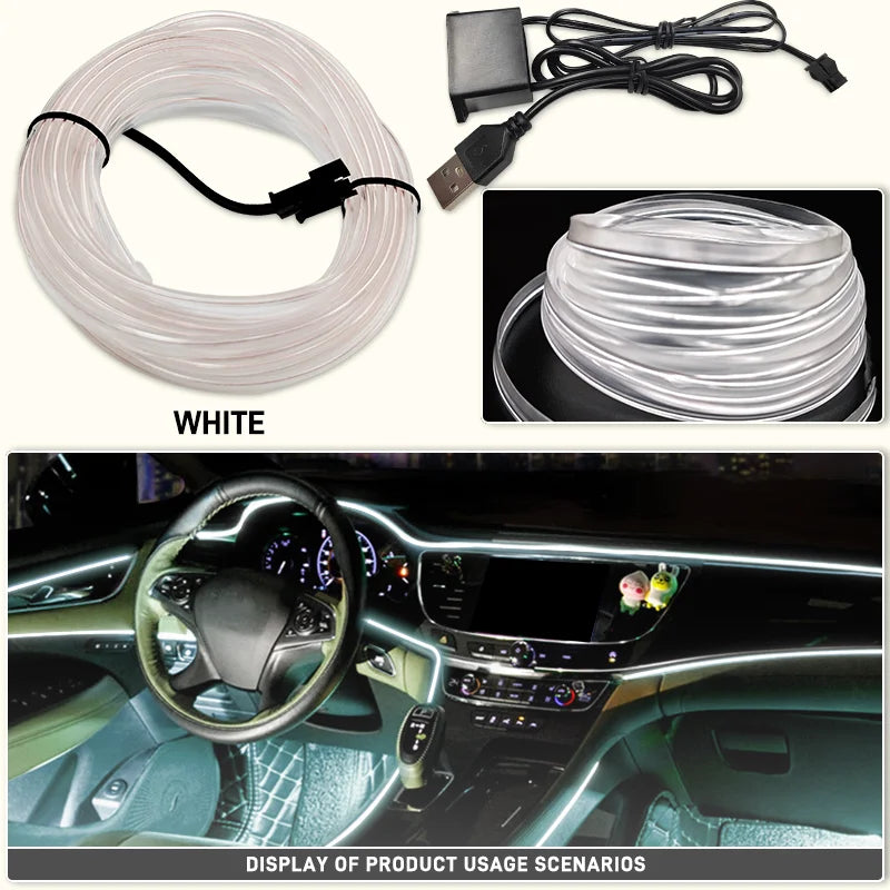 White flexible LED wiring strip used for car interior ambient lighting, shown in various usage scenarios.